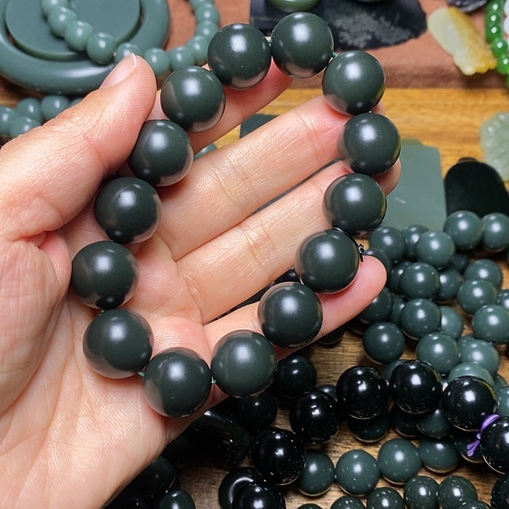 和田玉（青玉）未镶嵌手链和田玉青海格尔木黑青毕业卡16圆