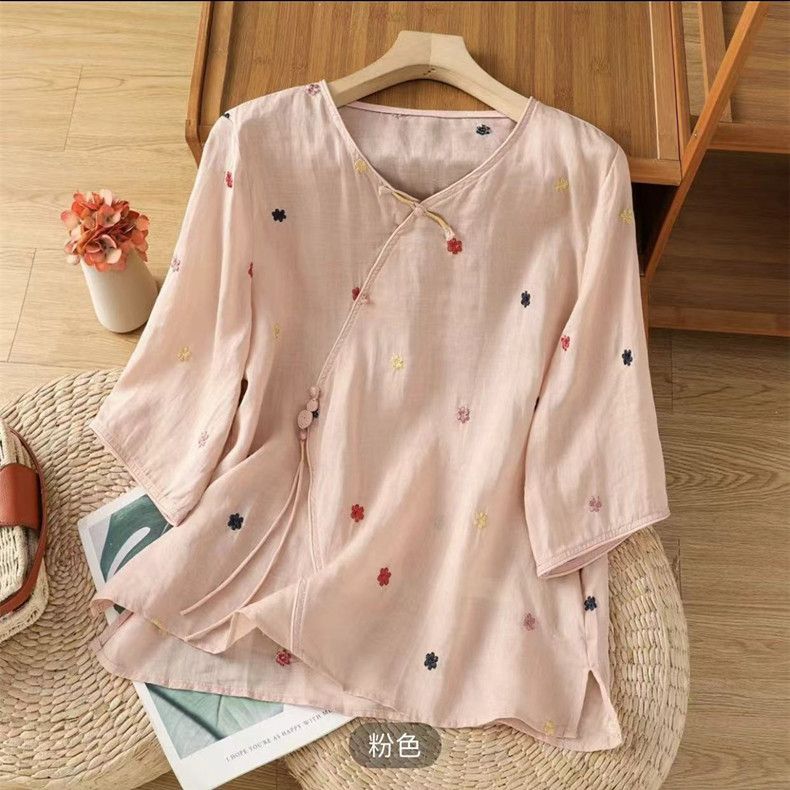 复古中式盘扣女夏季民族风斜襟流苏套头小衫麻料绣花衬衣2025新款