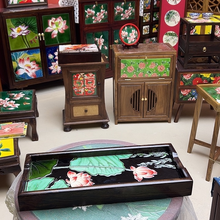 绿***檬陶15。 40。茶盘双面黑色荷花