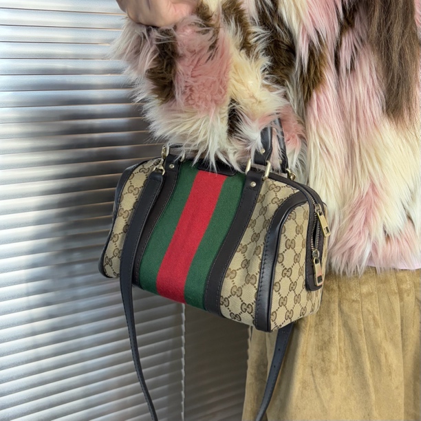 95新 GUCCI/古驰 老花红绿条纹波士顿 手提斜挎包