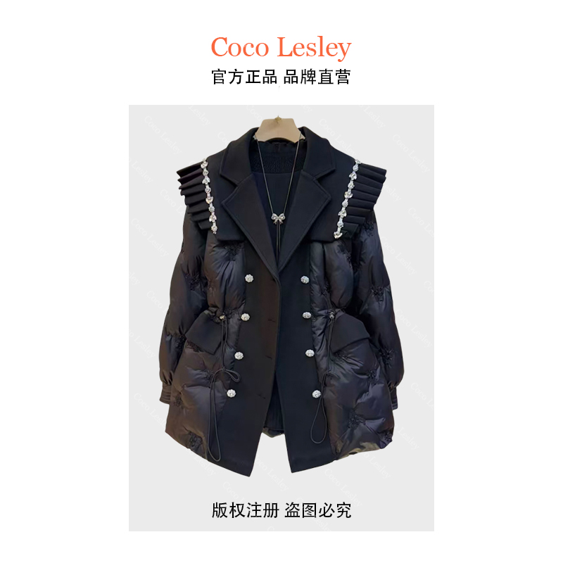 COCO LESLEY冬季新款减龄重工镶钻外套胖妹妹大码收腰显瘦棉服潮
