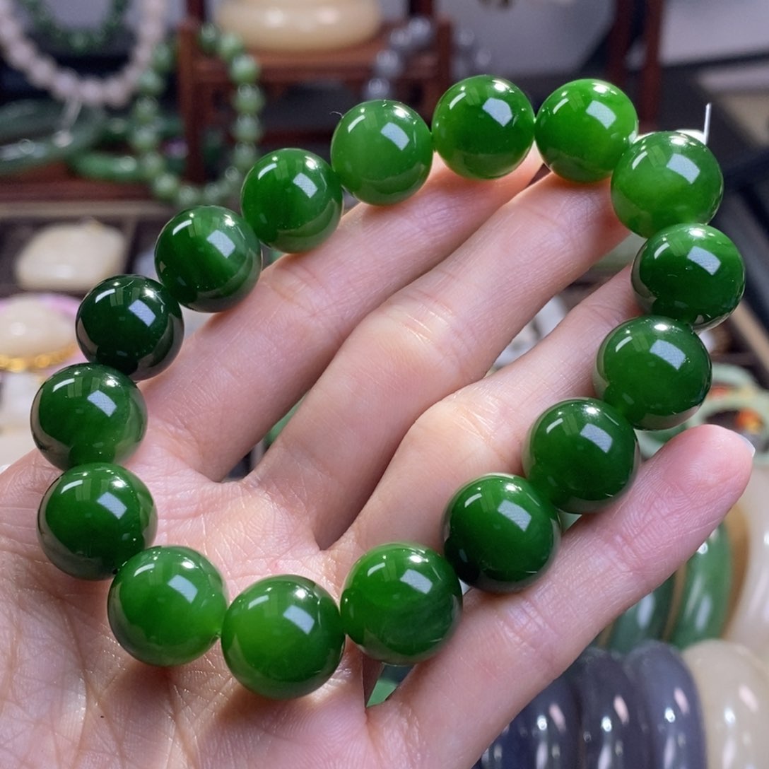 和田玉俄七碧玉毕业级手串13MM未镶嵌