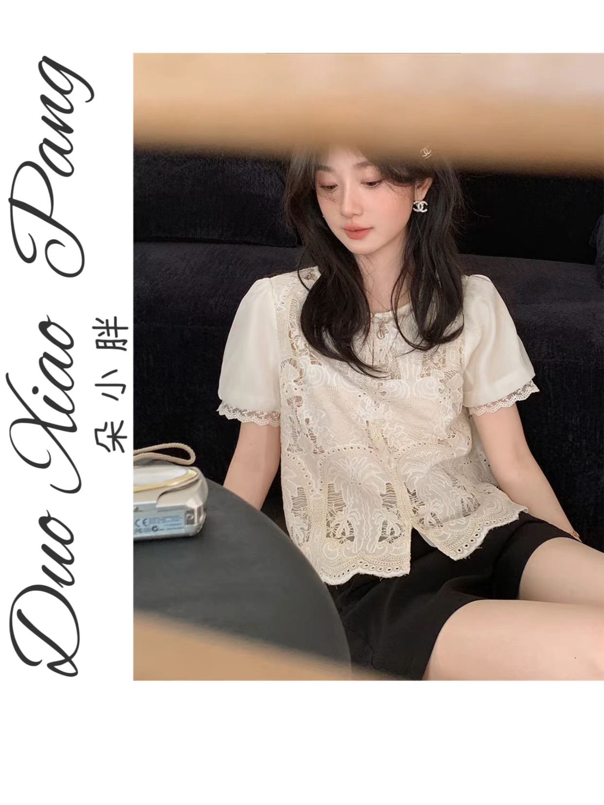 法式甜美减龄圆领短袖花朵刺绣蕾丝衬衫女大码女装加大加宽1634