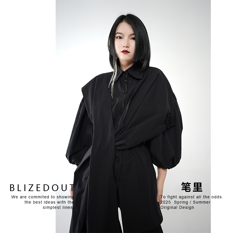 笔里【BLIZEDOUT】原创设计5081610黑色可调节大飘带法式复古衬衫