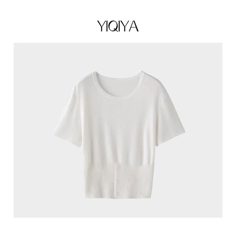 【婷婷】新款蚕丝混纺短袖针织T恤设计师款A2509