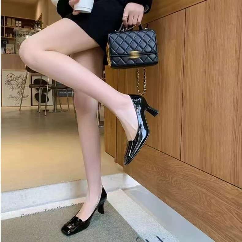 563101 新款法式浅口高跟鞋女粗跟尖头百搭单鞋