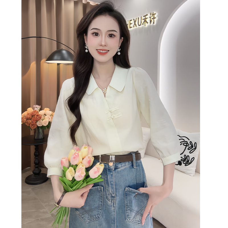 慕兔新中式复古盘扣设计感POLO领衬衫女2024秋季新款七分袖国风