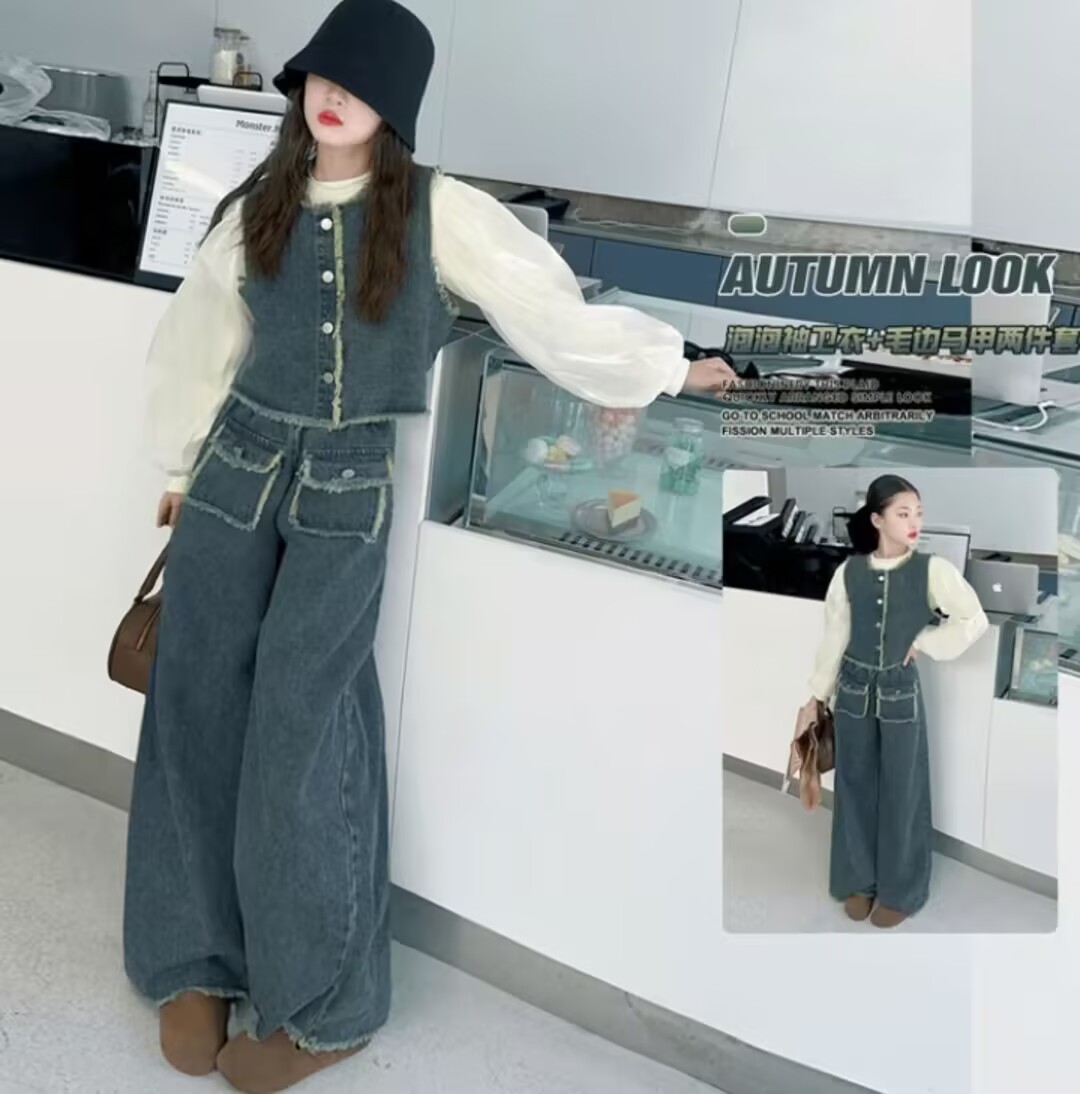 2025春秋新款女大童泡泡纱袖卫衣牛仔三件套女童中大童套装