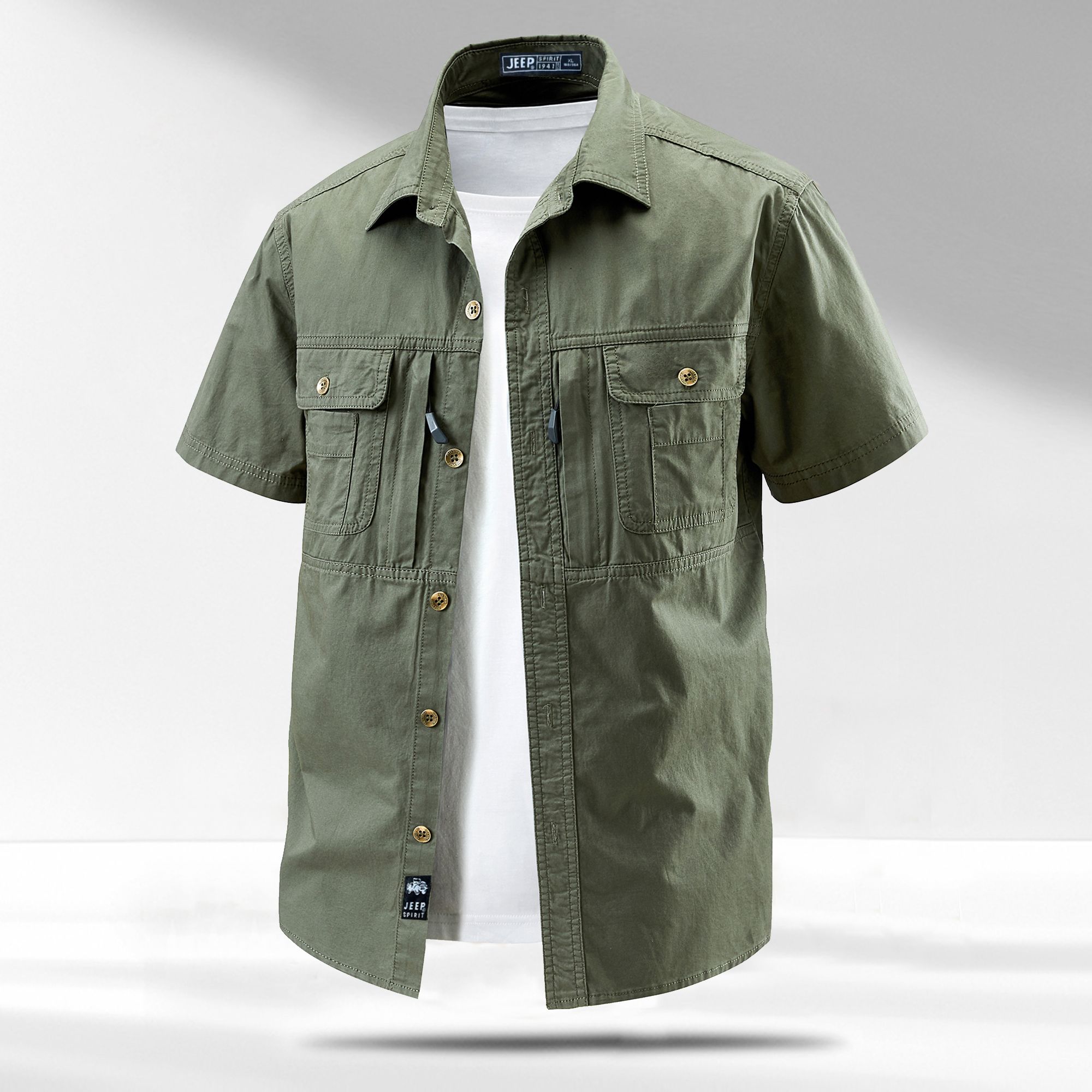 吉普新款工装夏季男短袖简约男士衬衫休闲上衣外套户外宽松薄款