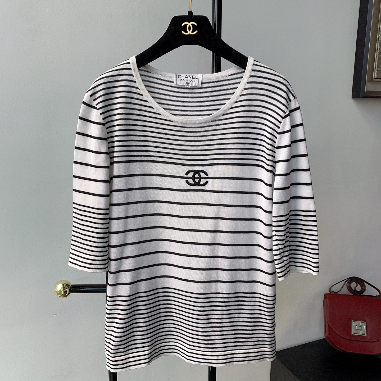 99新 Chanel/香奈儿 中古条纹中袖短袖条纹logo 40码