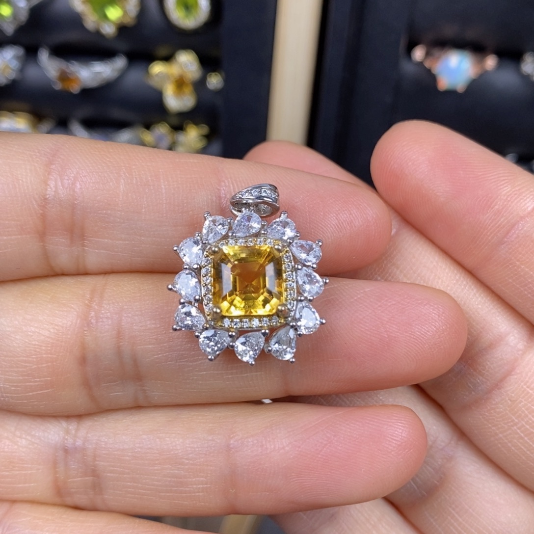 黄晶银S925镶嵌吊坠(不含链)