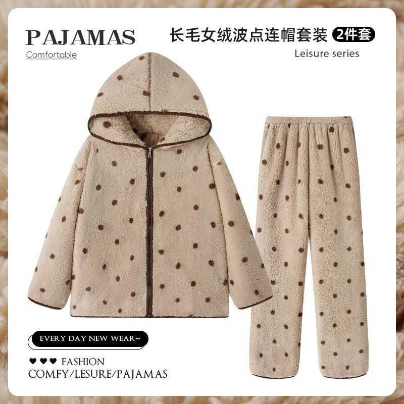 冬季波点长毛绒女绒连帽睡衣女款加绒加厚保暖珊瑚绒家居服可外穿