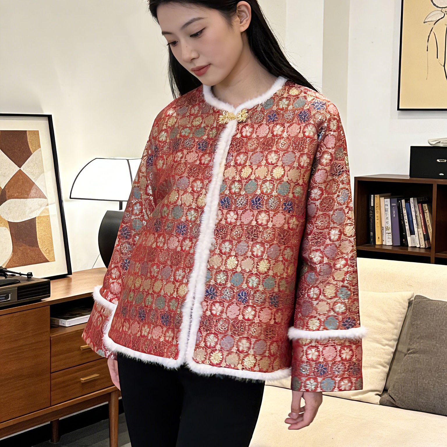 【红龟背纹】冬季新款宋锦时尚国风新中式百搭夹棉外套