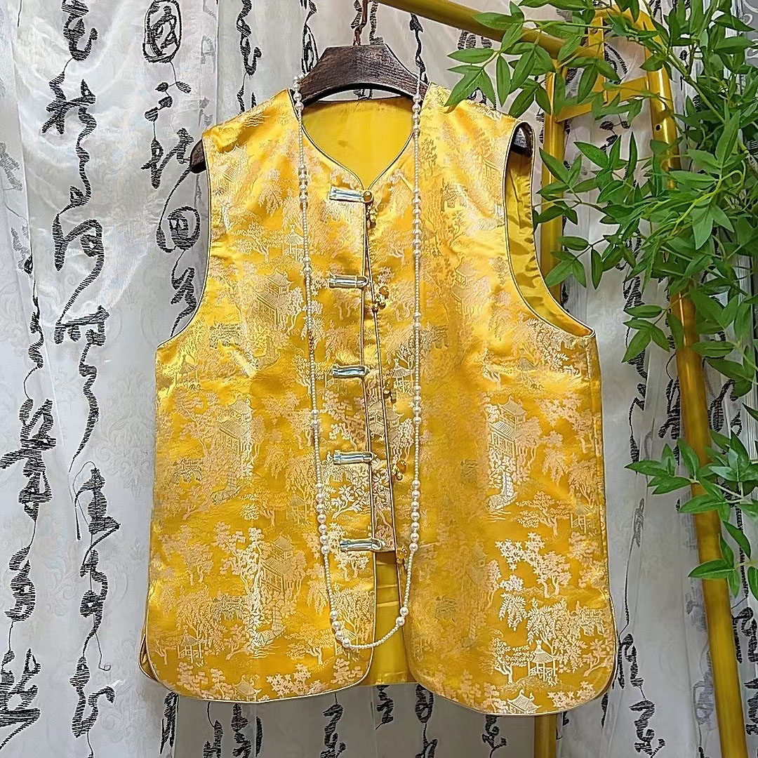 YANG国风新中式亭台楼阁刺绣马夹胖妹妹减龄坎肩马甲732