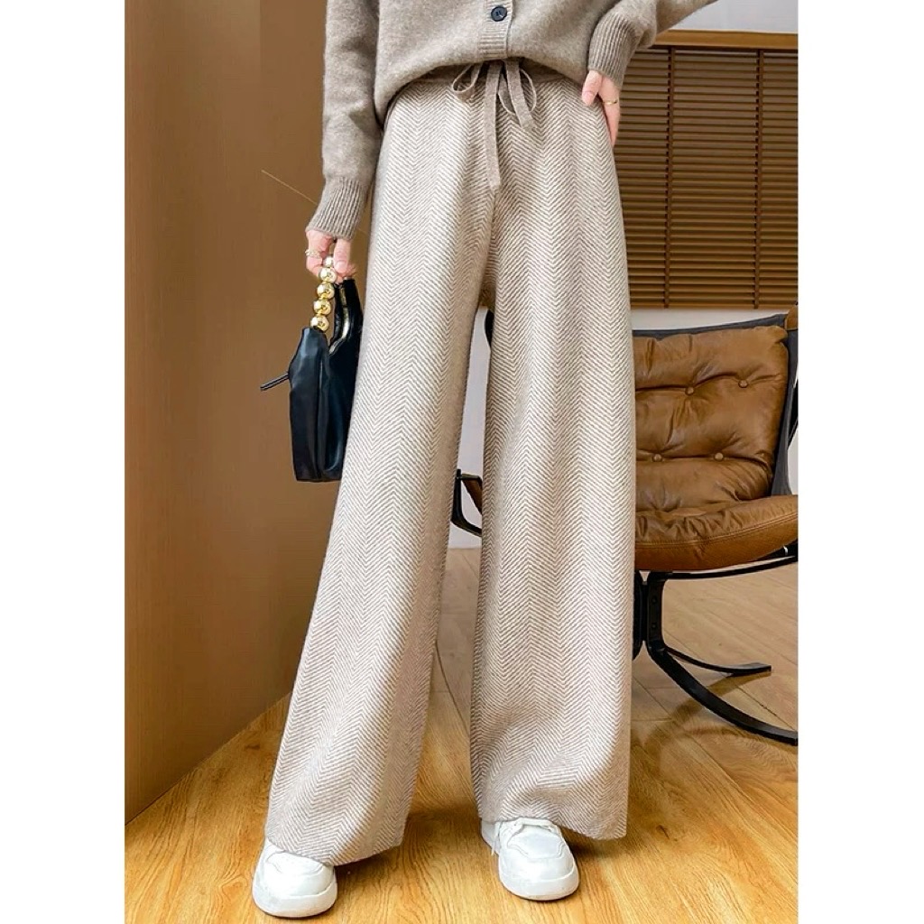 玲姐定制-小个子款斜纹阔腿裤女垂坠感休闲宽松九分针织裤530014