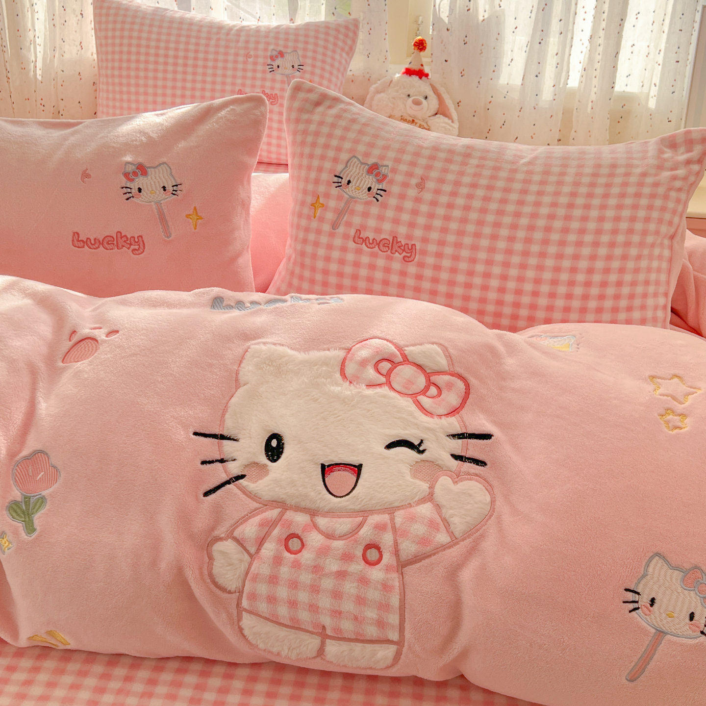 猫咪日记少女风卡通hello喵喵牛奶绒三件套被套床品保暖四件套