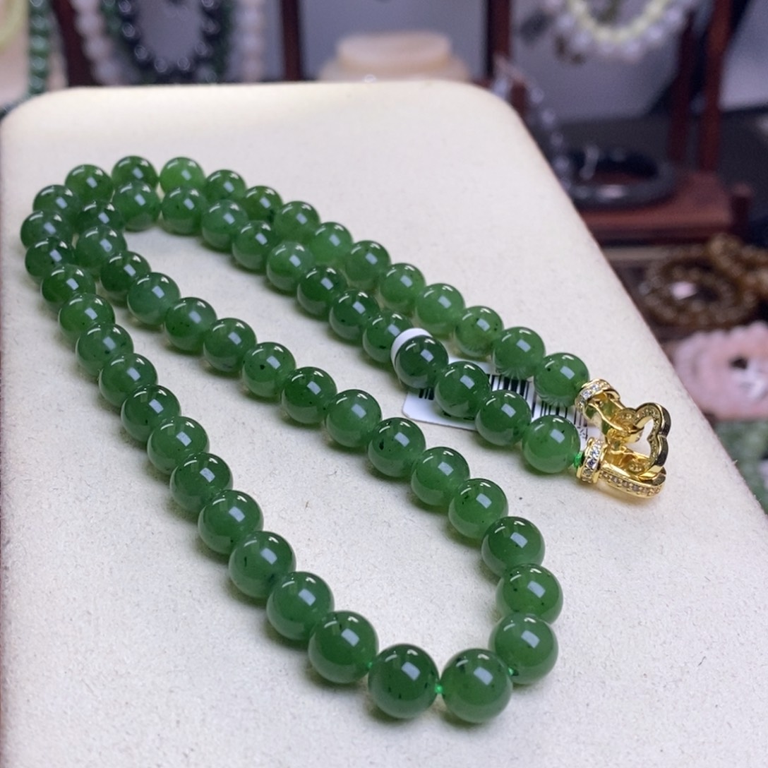 和田玉收藏级碧玉老矿料圆珠项链8m未镶嵌