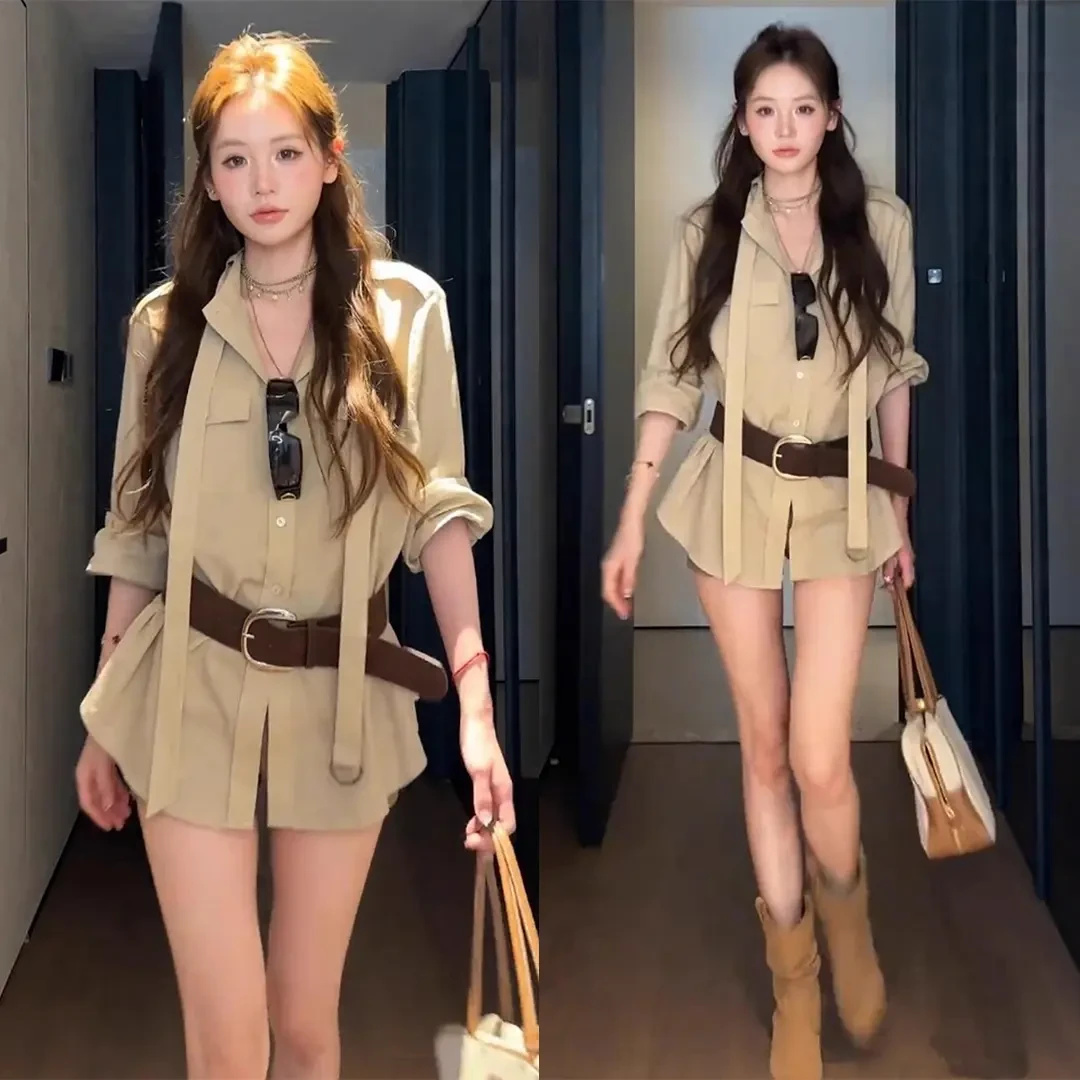 大码显瘦长袖衬衫外套2025秋季新款配腰带