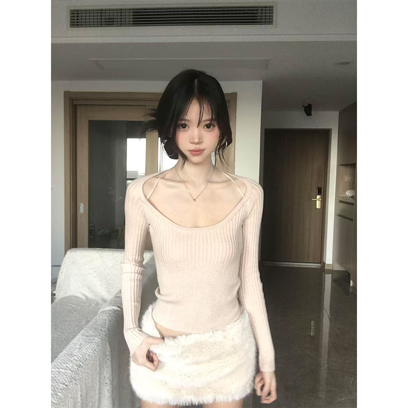 粉色长袖针织衫女秋冬穿搭软糯打底辣妹纯欲风上衣修身显瘦半身裙