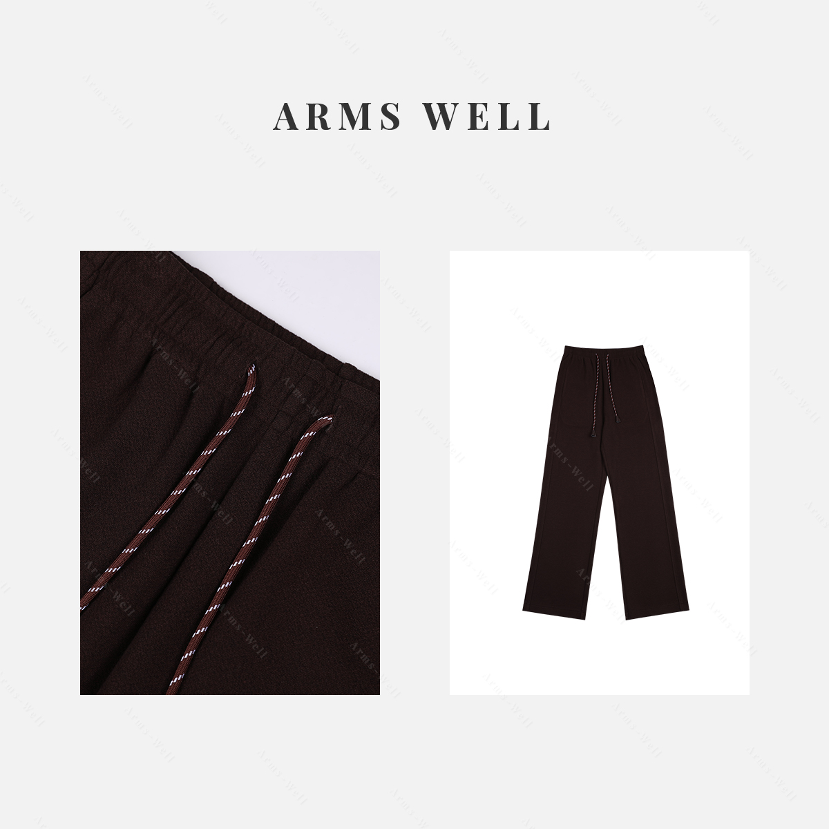 ARMS WELL王囡囡 咖色抽绳松紧腰羊毛桑蚕丝醋酯休闲长裤 L171