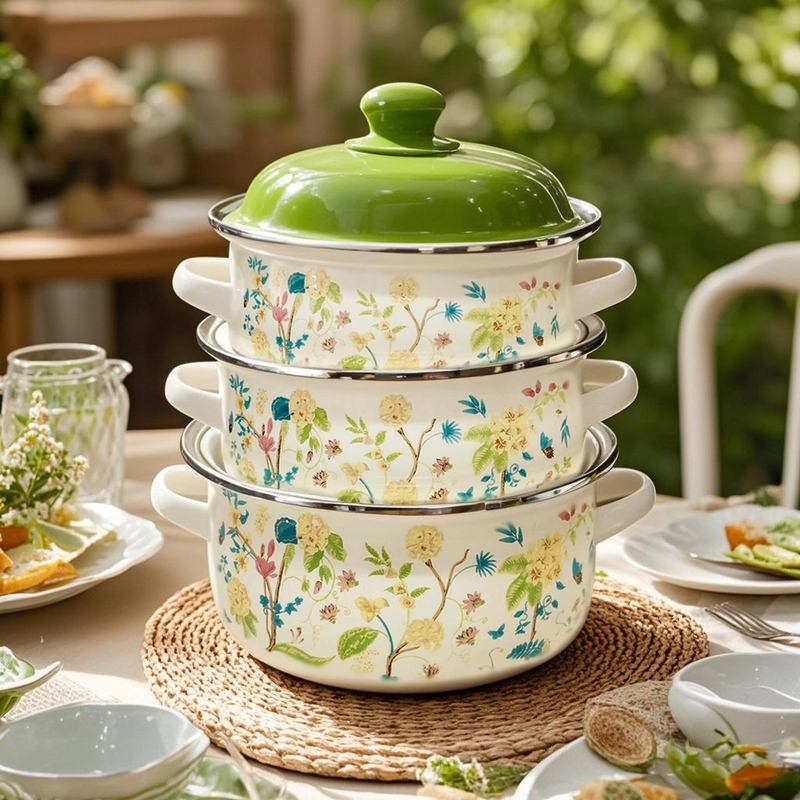 16-18-20CM搪瓷高颜值汤锅套装清新小碎花图案炖锅泡面锅
