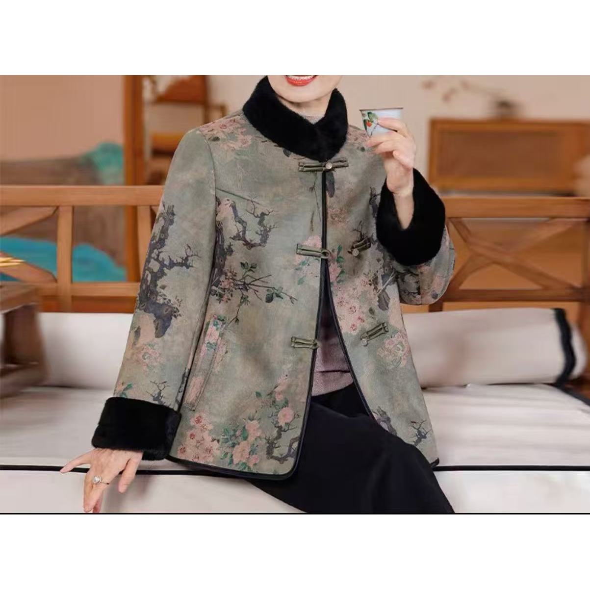 中式复古花盘扣加绒保暖外套 2590款