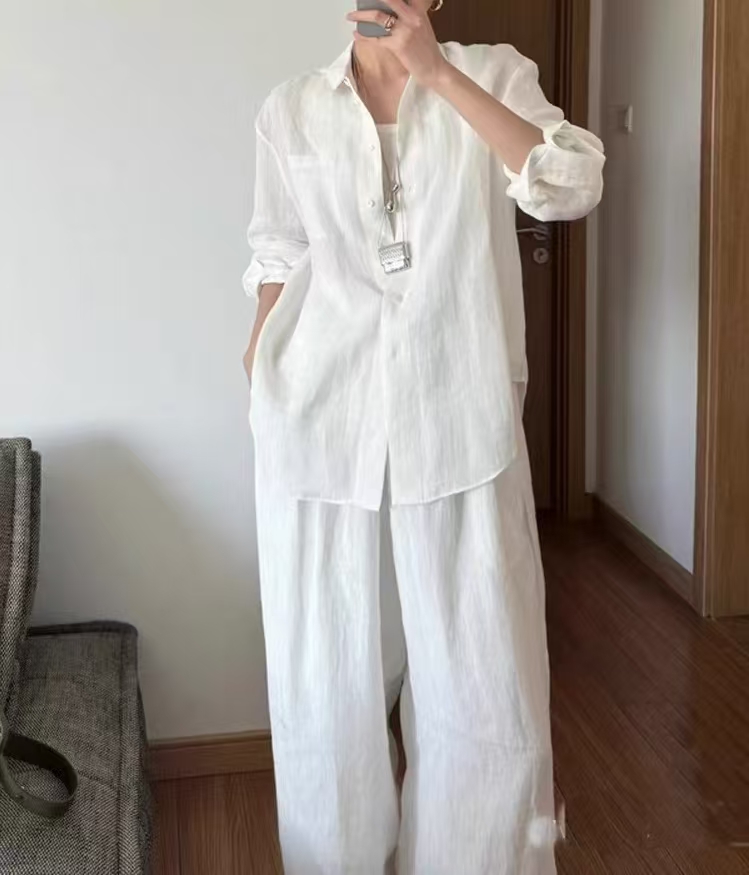 三色亚麻套装衬衫上衣