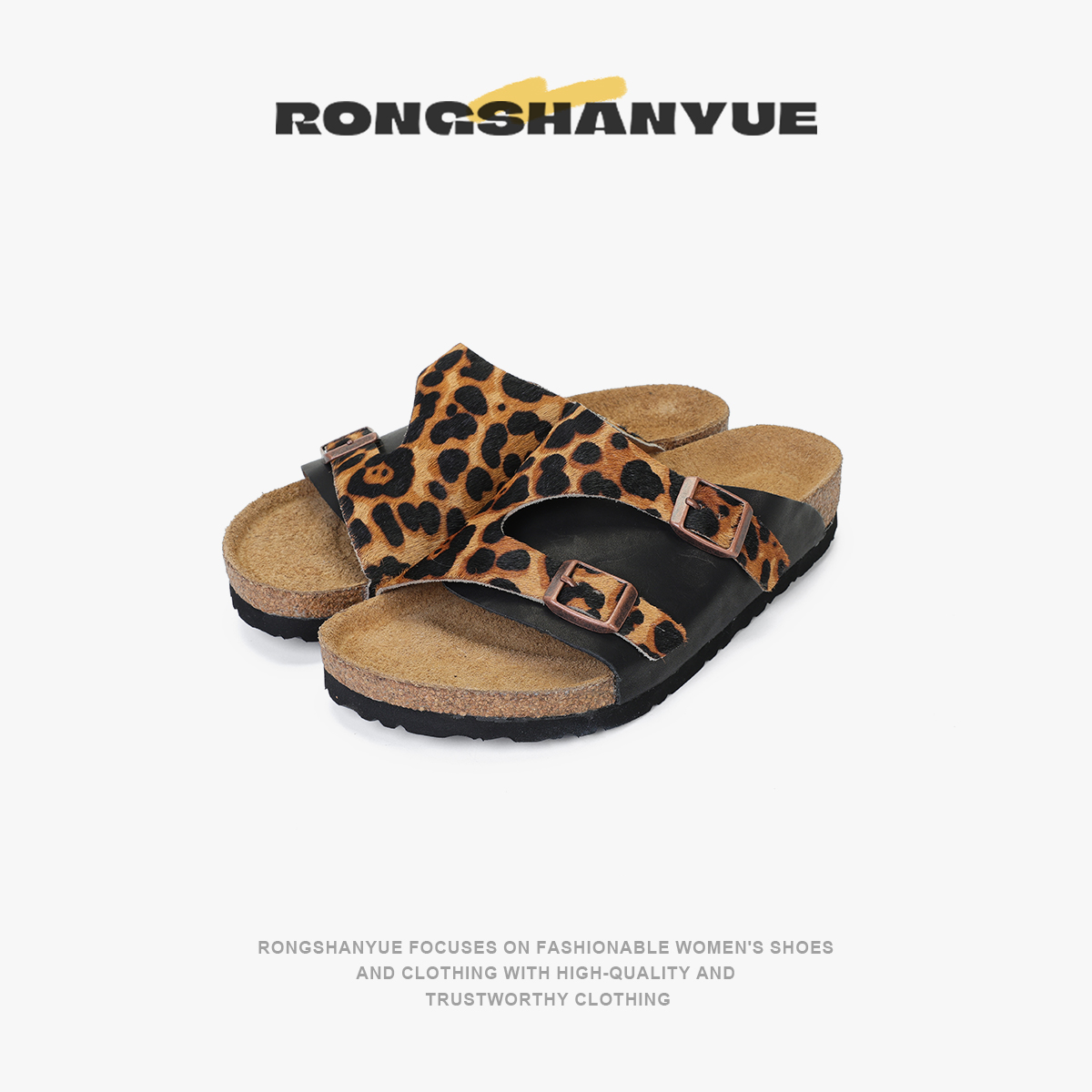 Rongshanyue豹纹水洗马皮勃肯鞋外穿新款一字沙滩鞋拖鞋女B1233