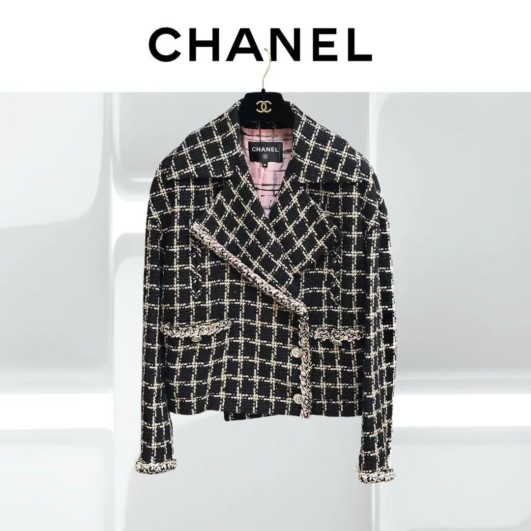 99新 Chanel/香奈儿 38码21S春夏黑色混色格子翻领外套