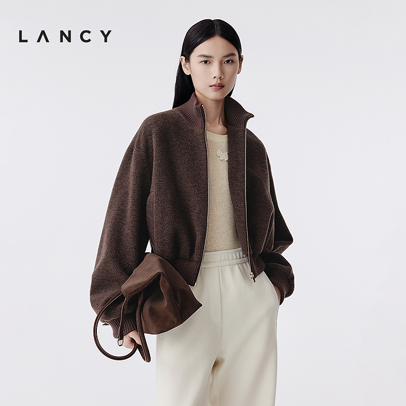 LANCY/朗姿2025冬季新款复古休闲罗纹高领短外套女时尚泡泡袖上衣