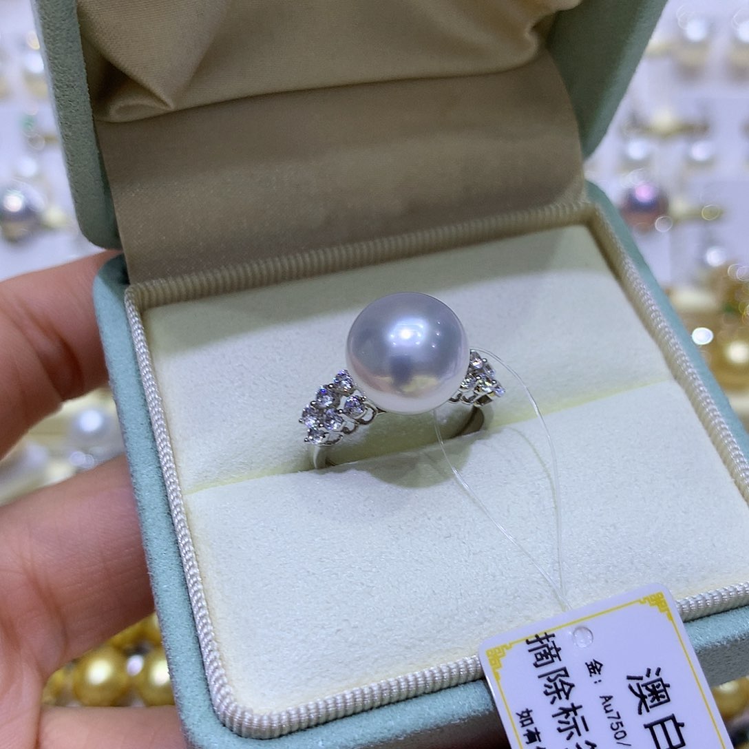 海水珍珠戒指18K金镶嵌12/13mm澳白