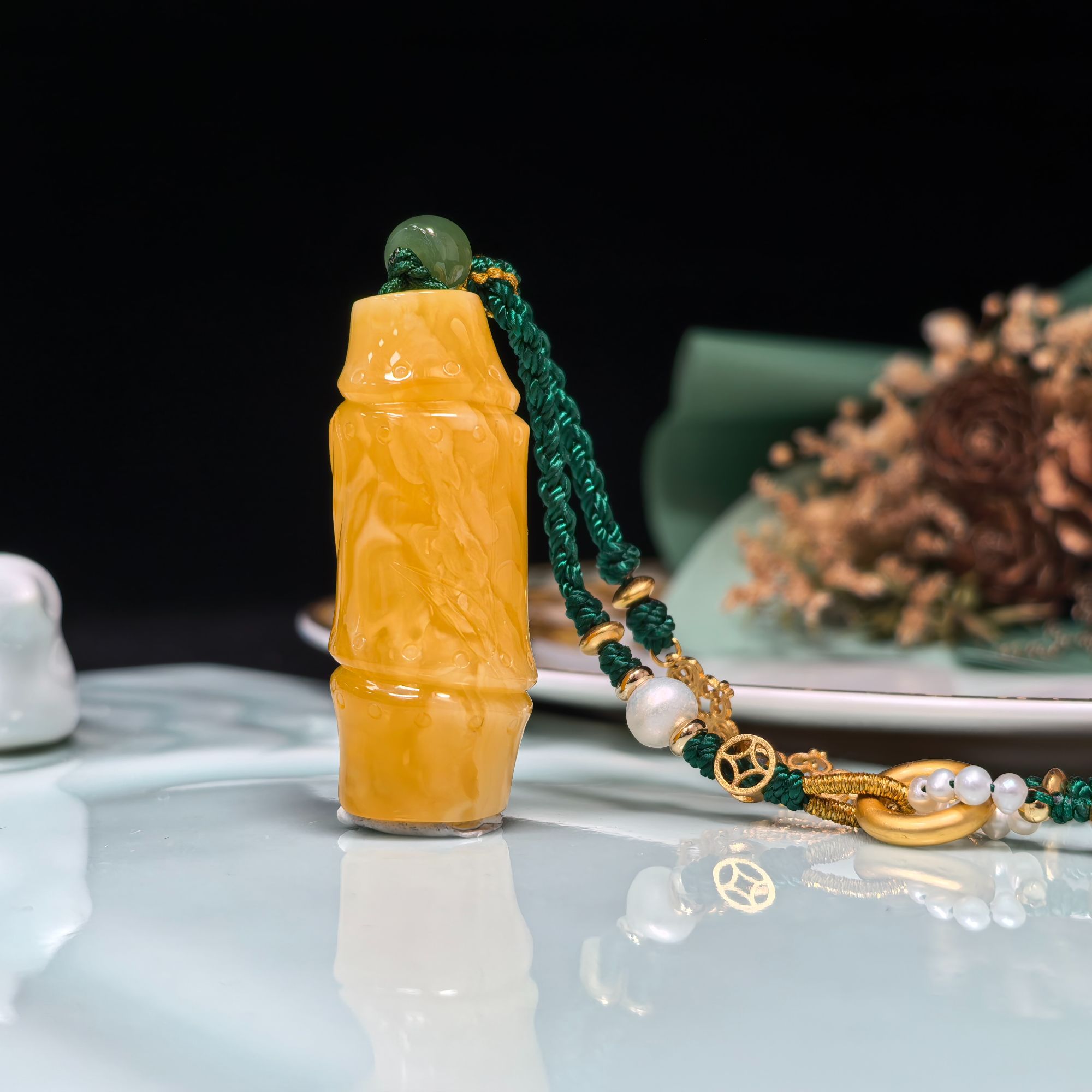 焦皮满蜡妖花圆雕料竹节蜜蜡项链国风吊坠原创设计珠宝