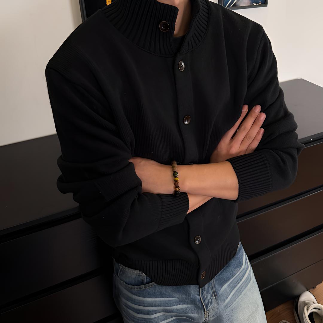 春秋美式针织开衫毛衣570g纯色硬汉松弛感半高领纽扣百搭长袖上衣