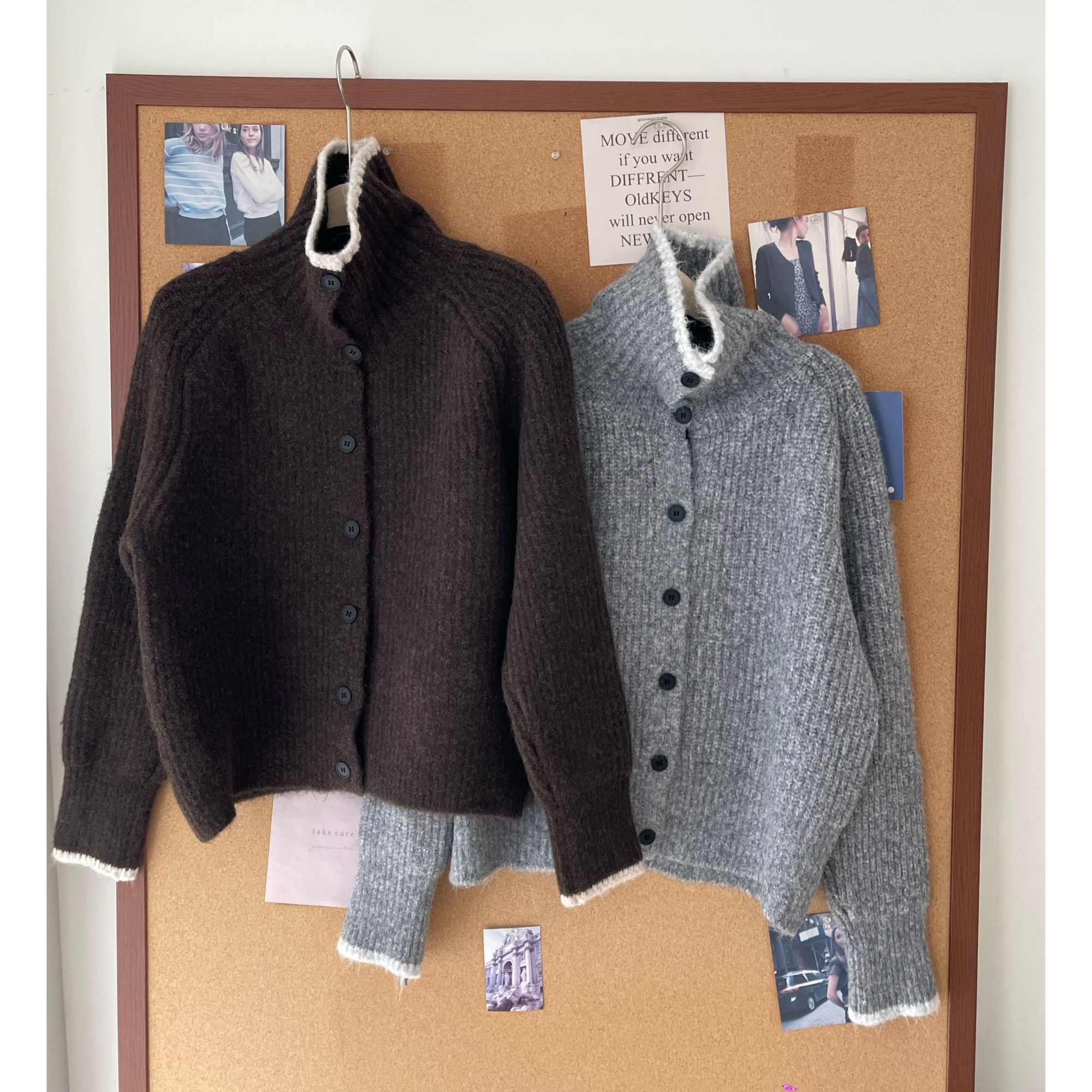 撞色翻领单排扣毛衣开衫