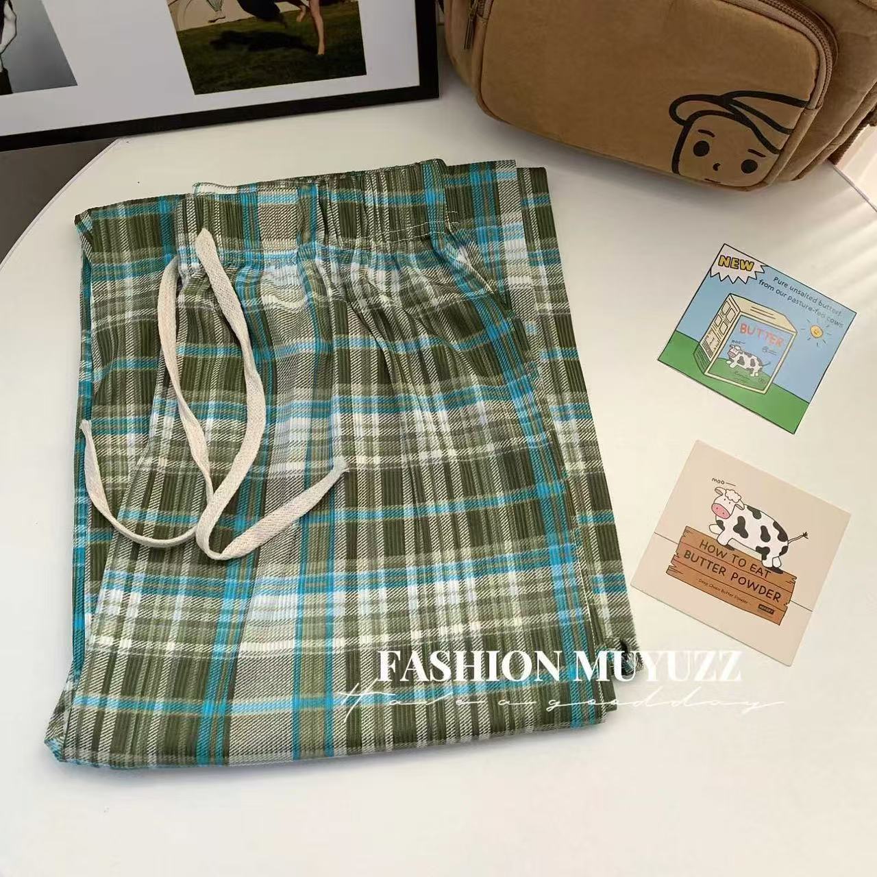 夏季春季格子裤女士休闲裤薄款长裤格纹高腰阔腿裤023