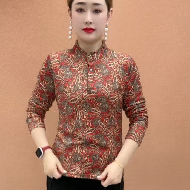 冬季时尚妈妈装秋冬新款加绒加厚德绒打底衫长袖上衣保暖洋气小衫