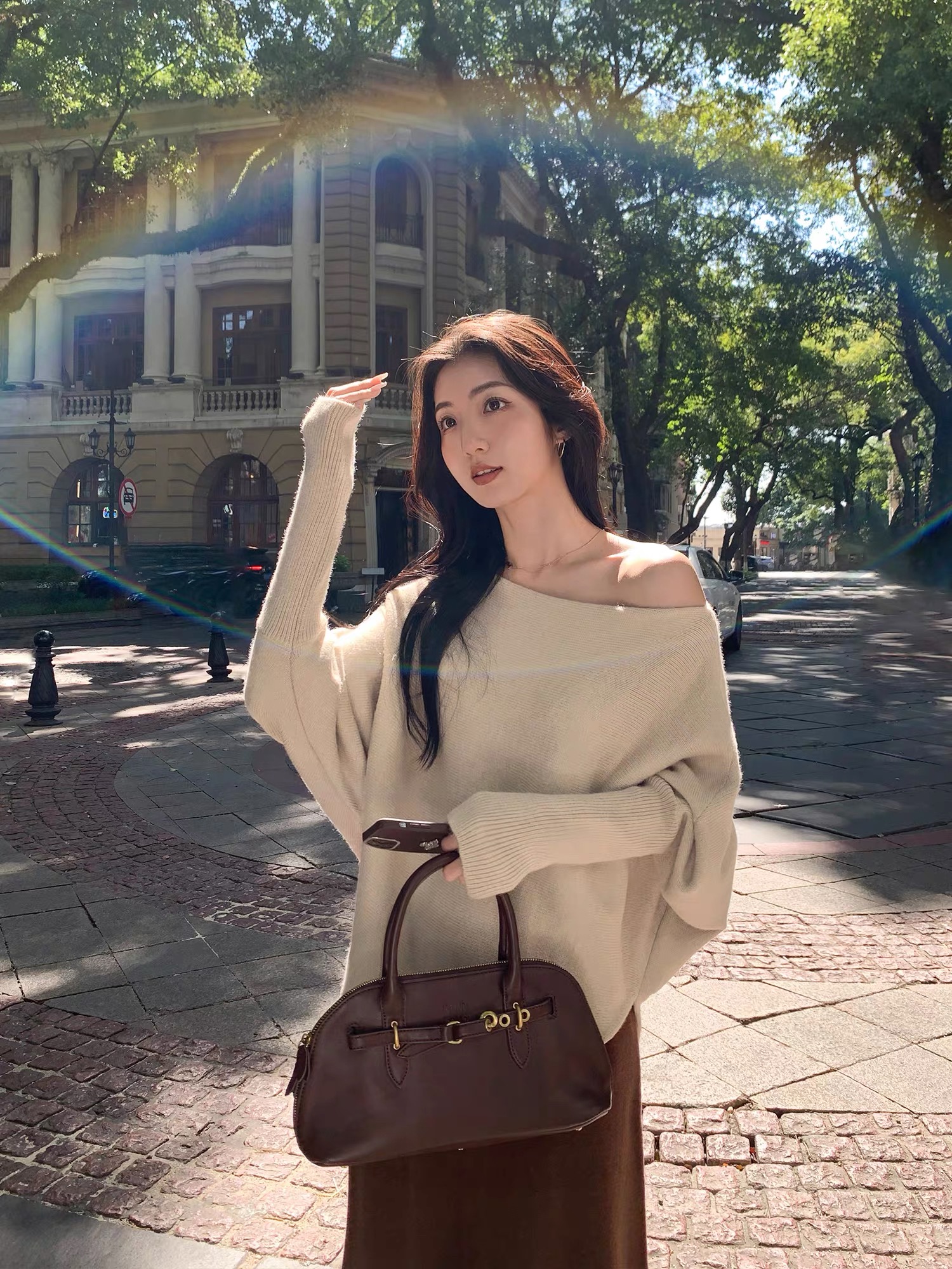 韩系慵懒风蝙蝠袖长袖针织衫女秋冬季不规则软糯毛衣宽松斜肩上衣