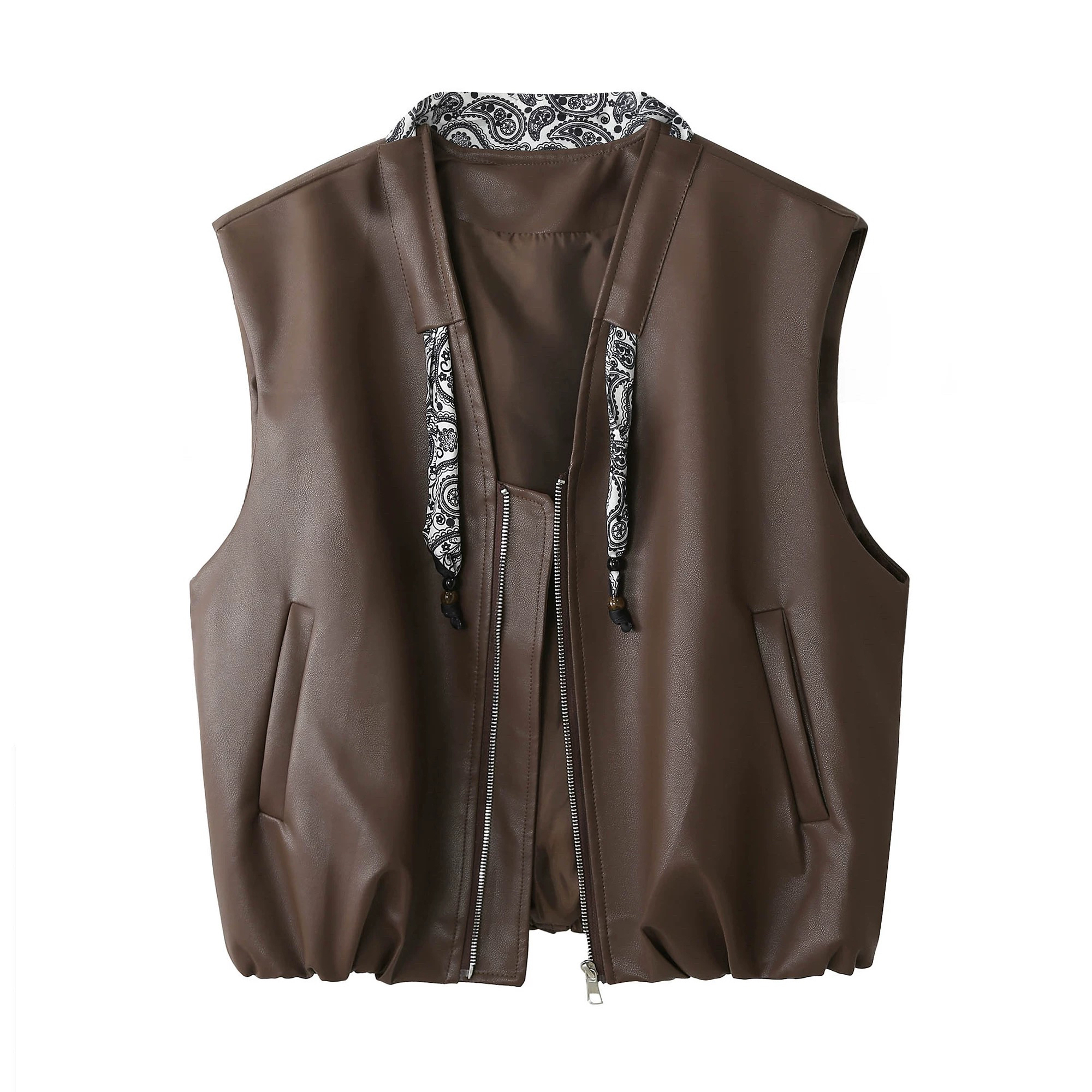 YF！606#小丝巾V领气质pu皮马甲外套