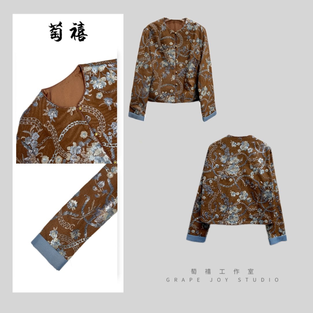 【萄禧-夜未央】中式风设计感绣花钉珠工艺圆领撞色百搭上衣WT013