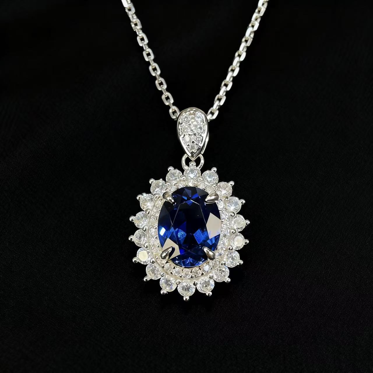 培育蓝宝石珍藏级培育提拉法皇家蓝宝石精工项链银镀厚金-642