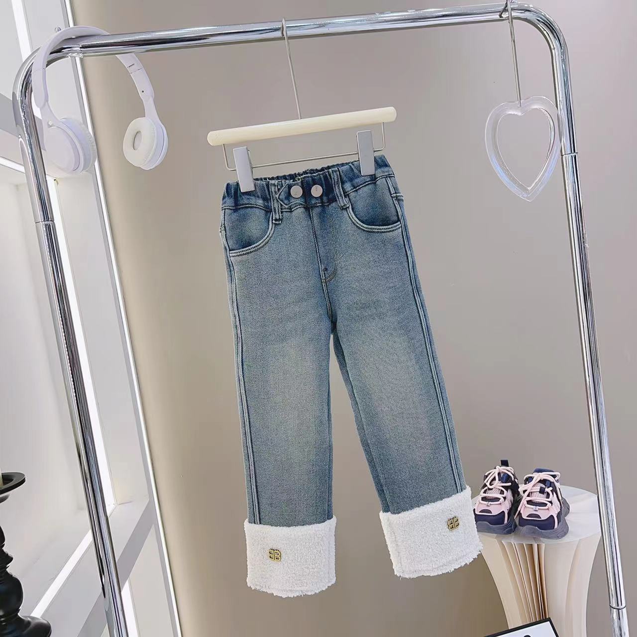 【米小洛】2025秋冬季女童蓝色新款加绒加厚设计感牛仔裤洋气秋季