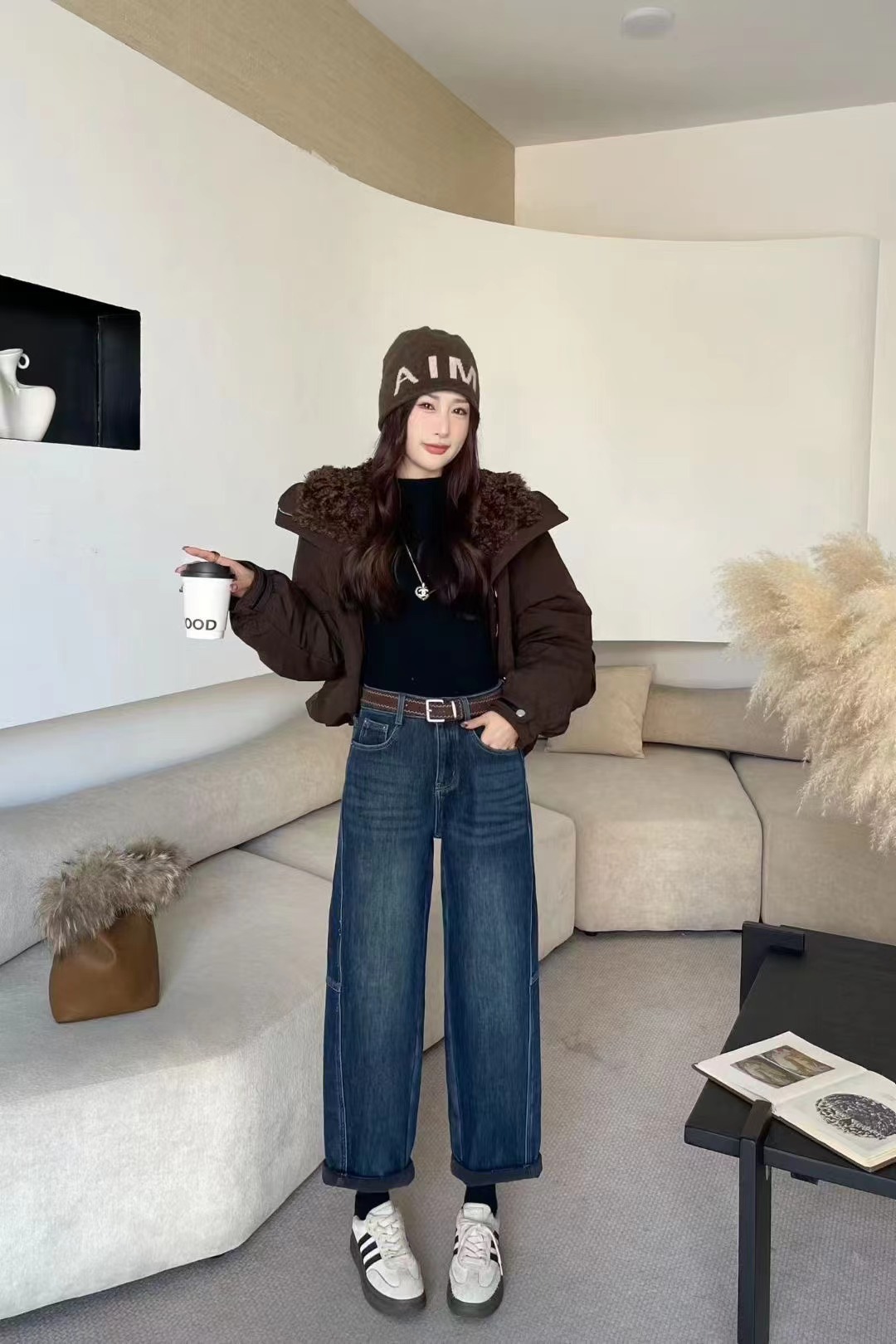 【XISHI】冬季加绒直筒窄版弯刀裤 女显瘦宽松镰刀牛仔裤88670