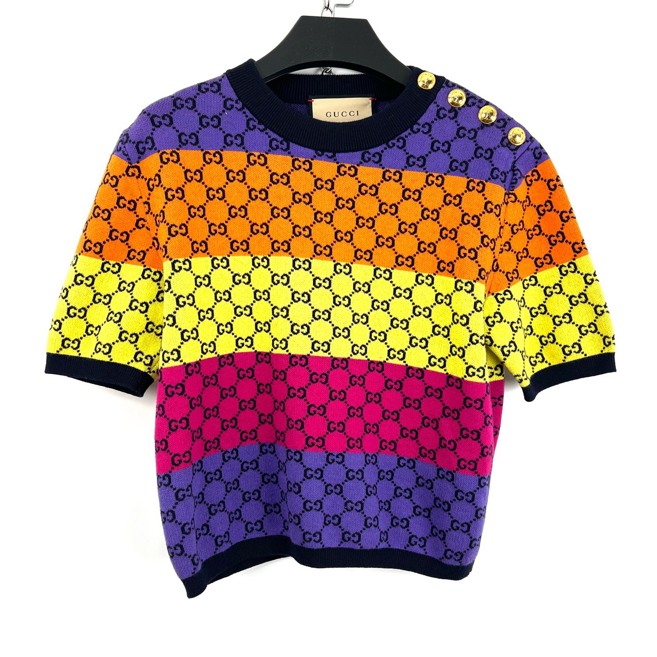 95新 GUCCI/古驰 97新/S码/双g满印彩虹拼色针织短袖/05653