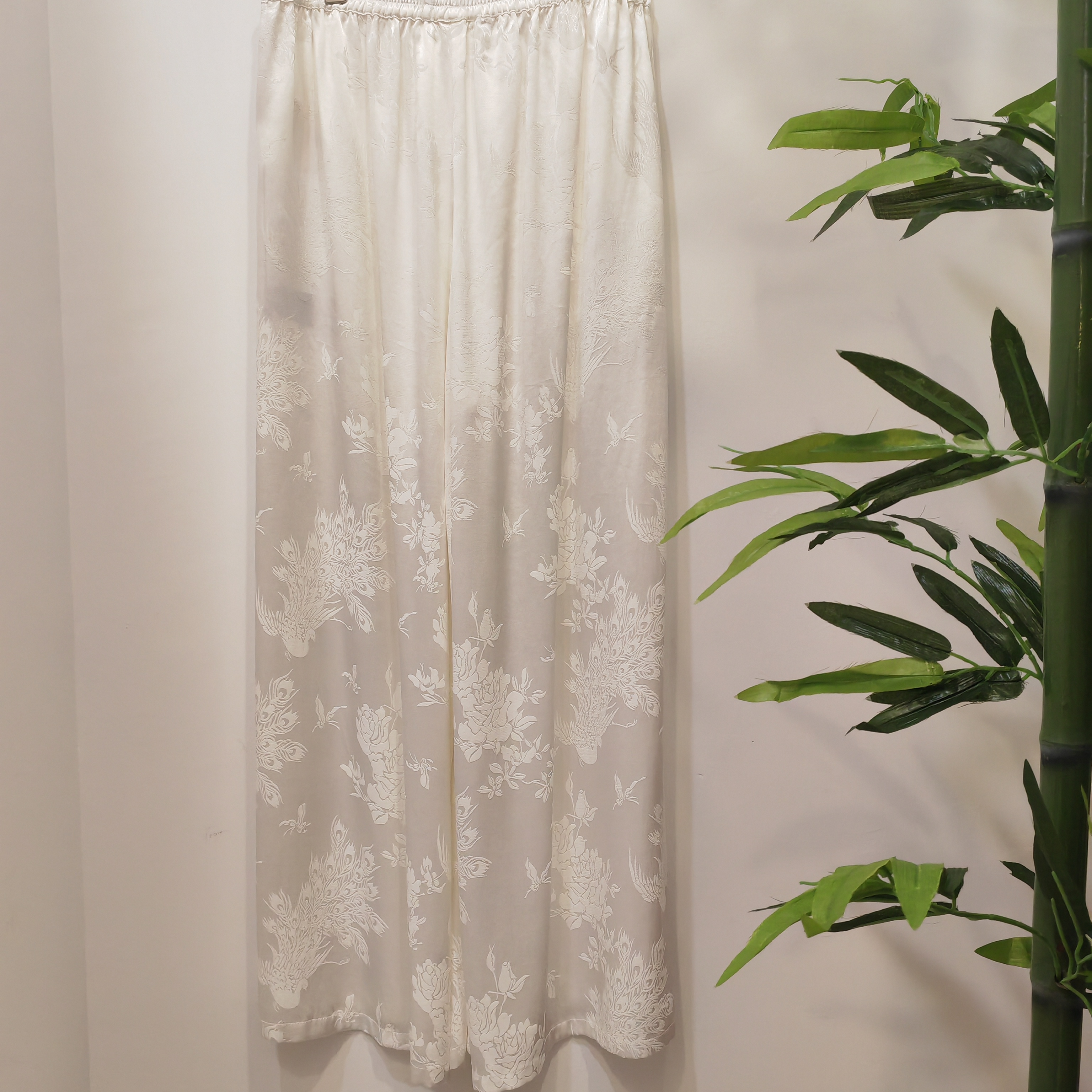 松紧高腰百搭提花缎阔腿裤