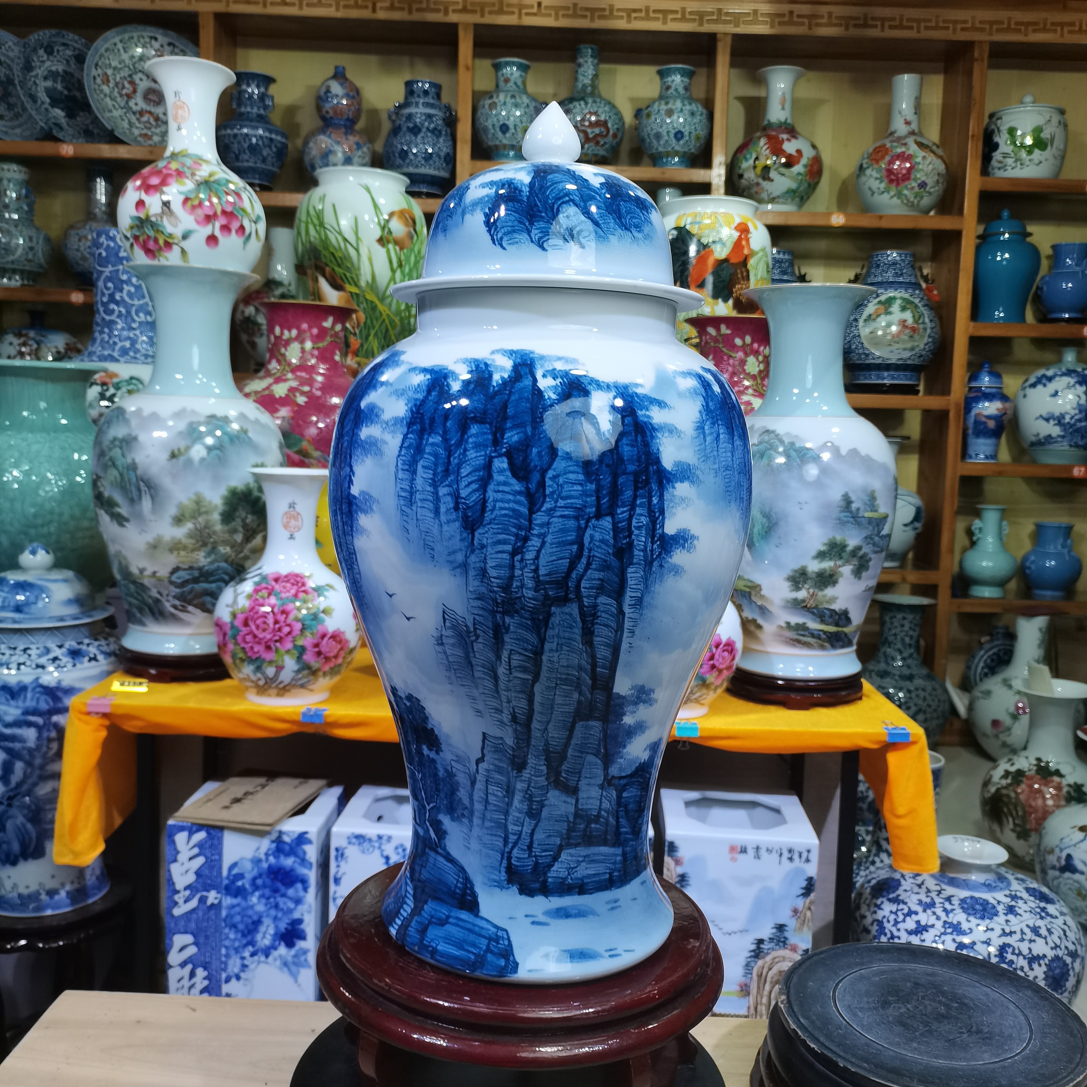 景德镇陶瓷将军罐青花瓷花瓶手工手绘储物罐带盖客厅玄关中式摆件