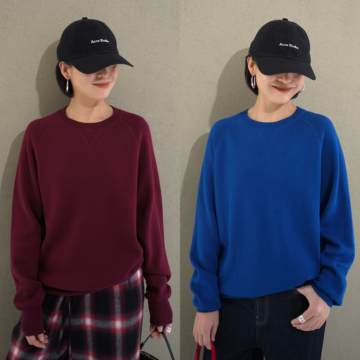 UPINLOOK卫衣 定染酒红+宝蓝色女圆领长袖宽松中长款针织衫225305