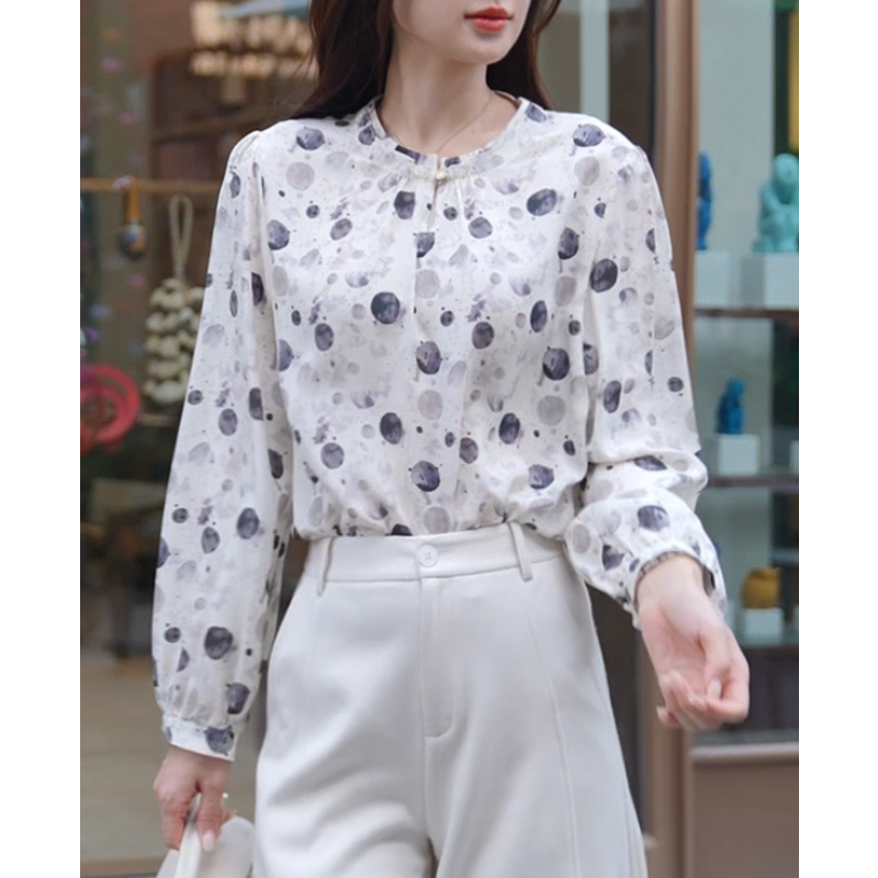【堇兰】100桑蚕丝衬衫新品时尚印花长袖设计感真丝上衣女6603