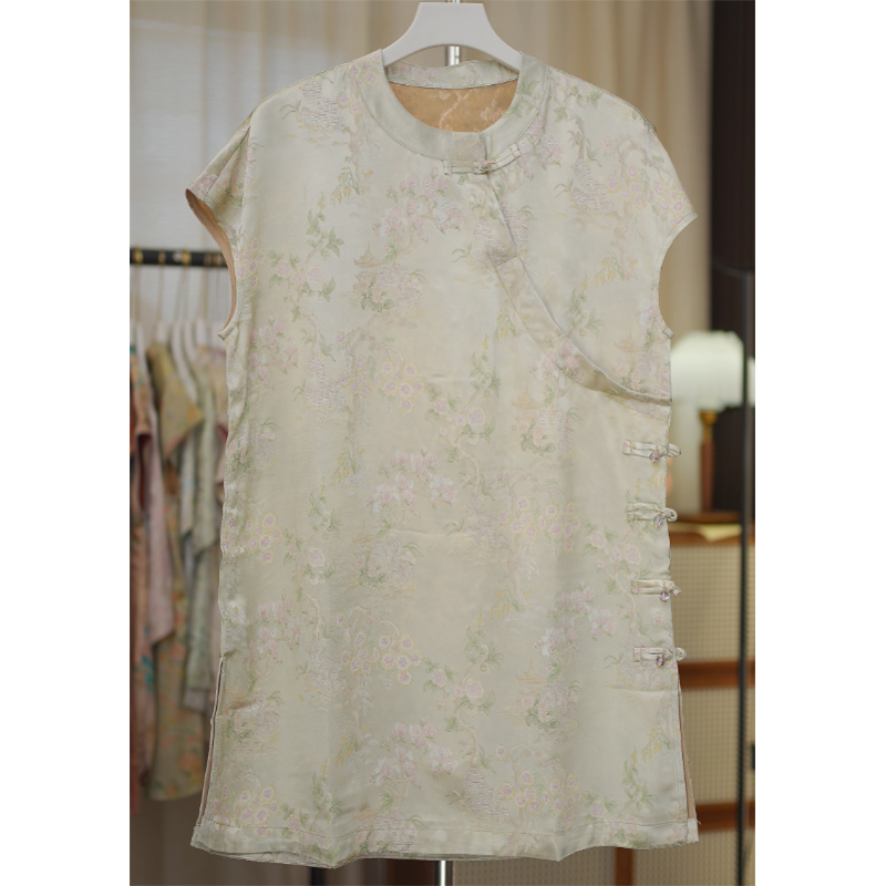 3848-夏季双面楼阁缂丝刻花减龄显年轻小飞袖奥黛上衣T恤