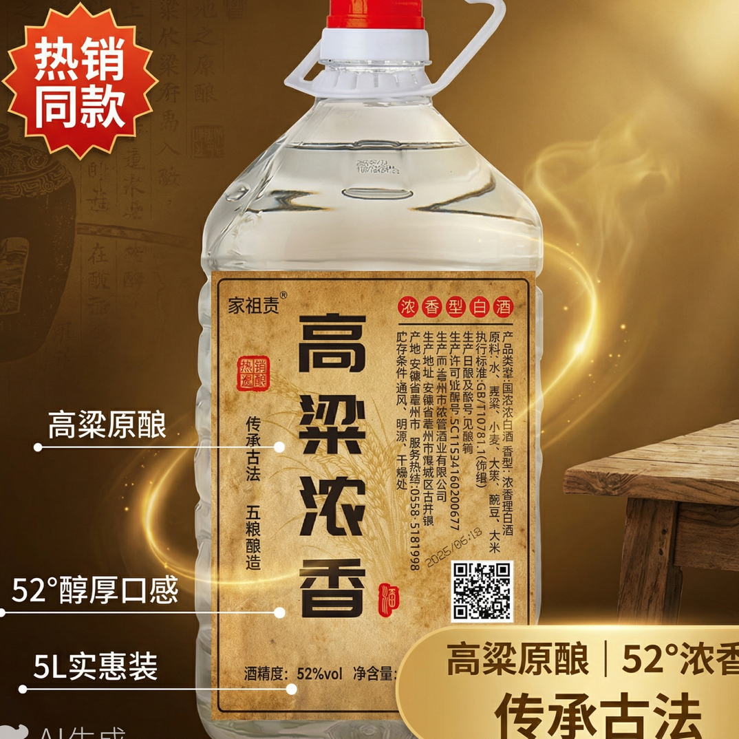 家祖贡【高粱浓香】5升浓香型52度粮食酒固态法优级白酒52度5000ml
