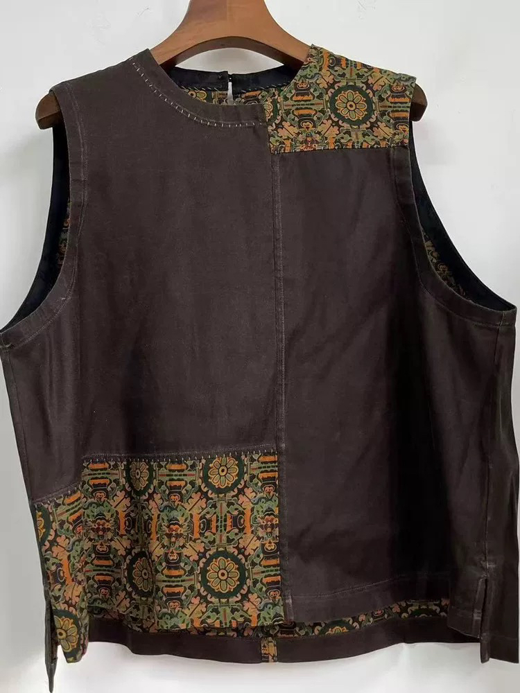 荼慢慢变蓝新中式香云沙百搭拼接无袖圆领套头马甲宽松国风